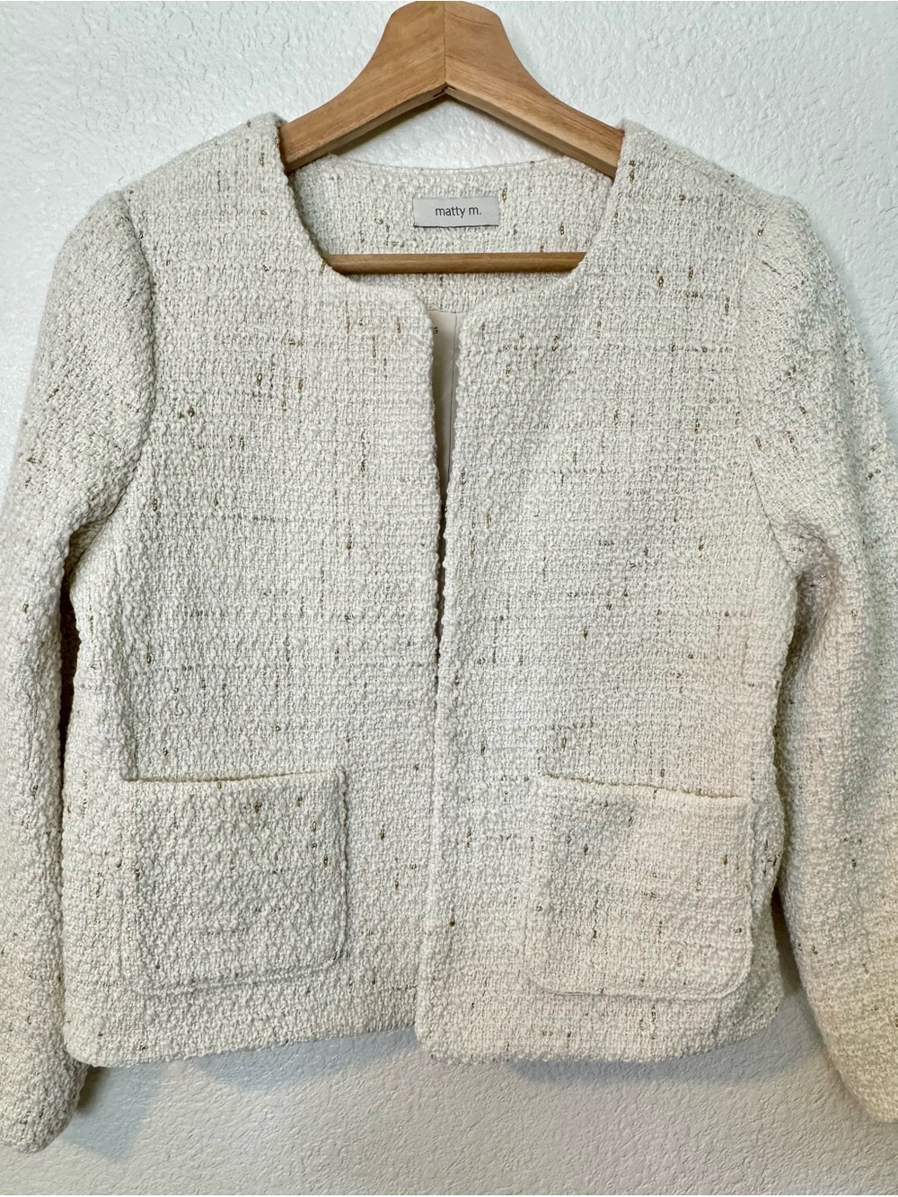 Matty M Cream Bouclé Open-Front Blazer with Patch Pockets